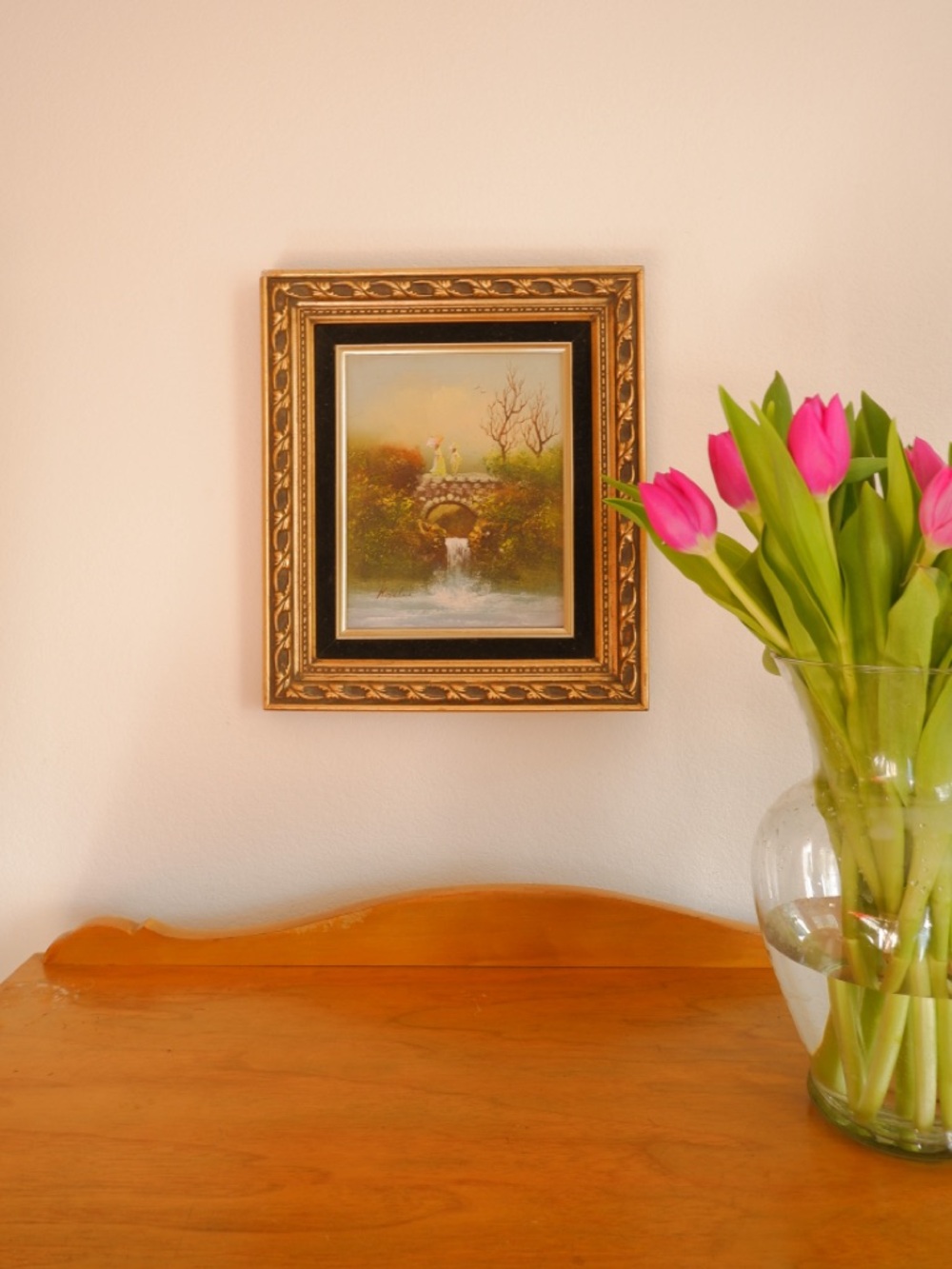 Vintage Signed Keye Lee Oil Painting Mother & Child‎ Textured Serene Landscape